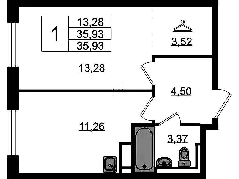 1-комнатная квартира 35.93 м², 4/12 эт., ЖК «Новые Лаврики»